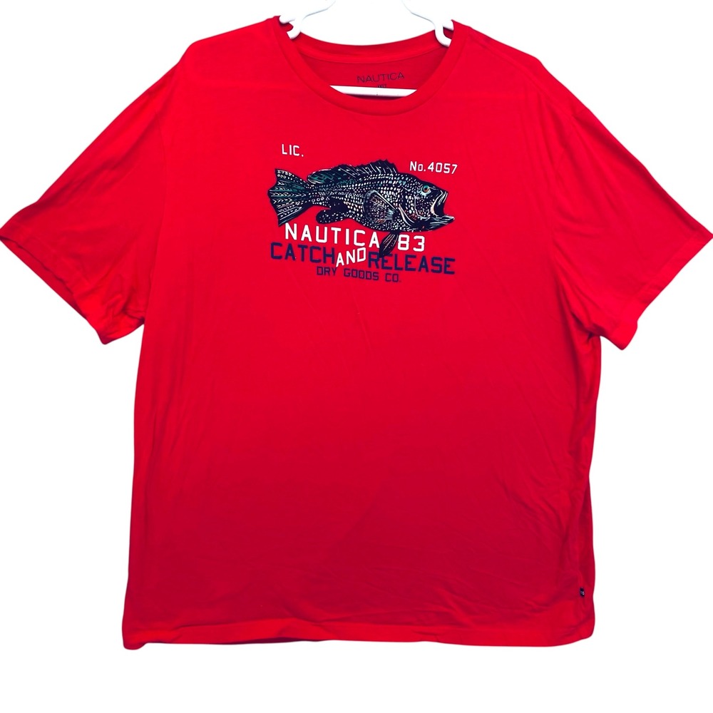 Nautica Mens Red Catch and Release Fishing Graphic T-Shirt 3XLT‎ Big and Tall